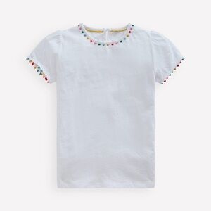 NWT Mini Boden Ali Puff Sleeve Top Pom White 100% Cotton T-Shirt, size 13-14Y